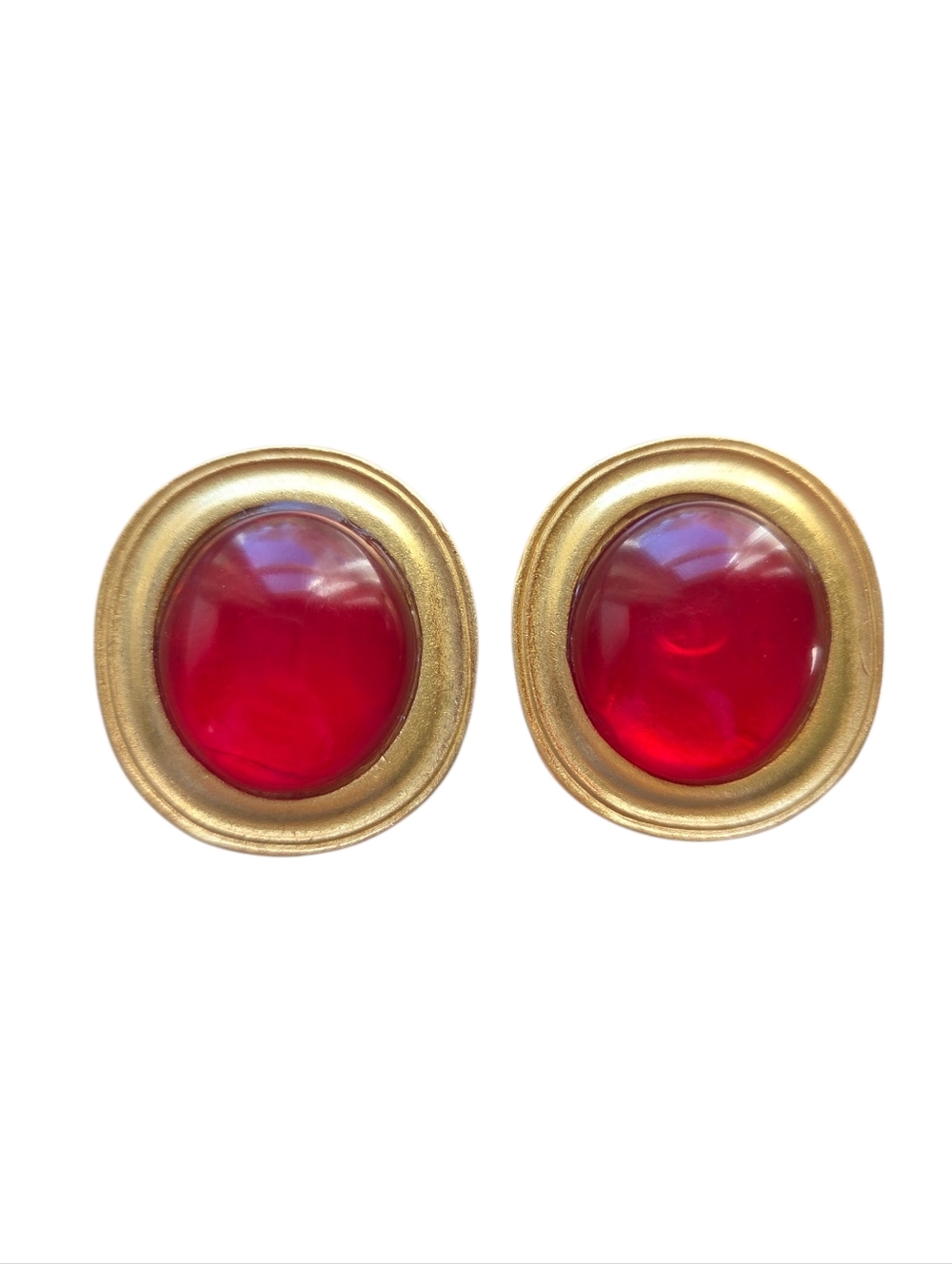 Yves Saint Laurent Vintage Red Cabochon Disc Earrings Gold Tone Signed YSL